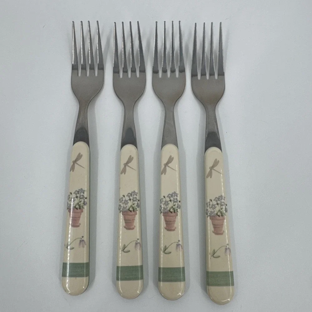 4 Pfaltzgraff Flower Garden‎ Dinner Forks Plastic/Stainless Country Floral